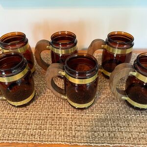 Vintage Siesta Ware Set Of 6 Brown Amber Barrel Style Glass Wooden Handle Mugs